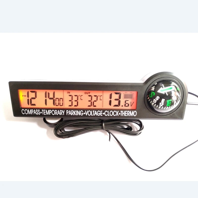 Car Automobile Digital Campass Clock Thermometer 12V Voltage Meter Icing Alarm LCD Backlight Temporary Parking Decoration