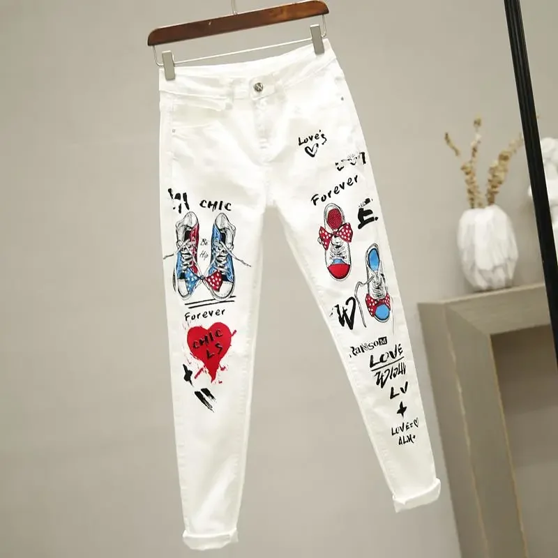 

White Denim Feet Pants Women Spring Autumn Tight-Fitting New Print Fashion Slim High Waist Korean Pencil Pants Female Jeans L424
