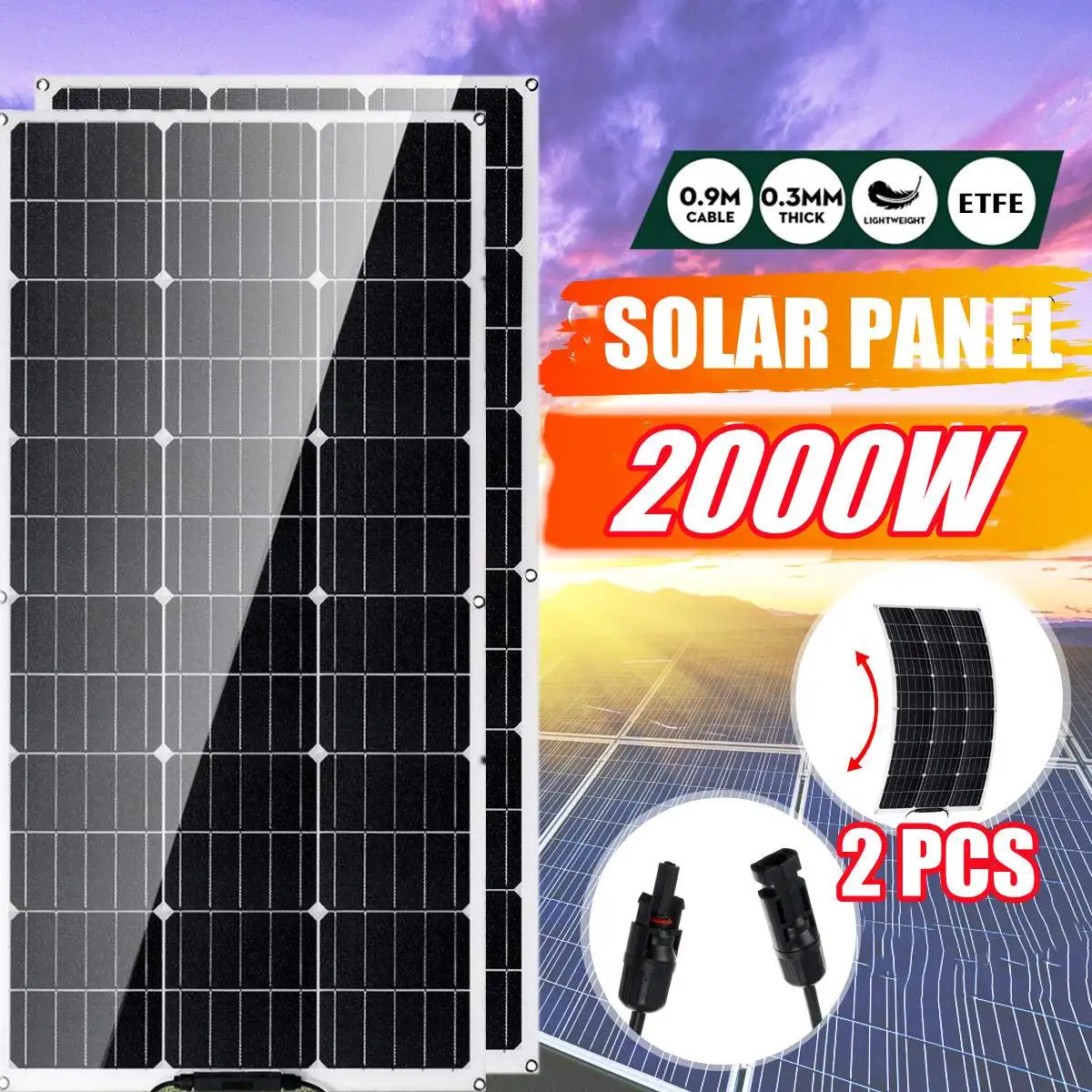 

2000W Solar Panel 18V High Efficiency Monocrystalline Flexible Emergency Charging Outdoor Solar Cells Battery Boat Charger