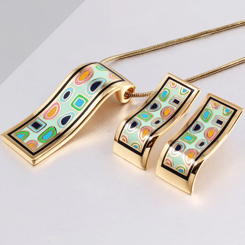 zlxgirl Couple jewelry Geometry Enamel Stainless steel pendant earring sets Europe Brand gold chain necklace ear bijoux