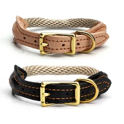 Real Leather Dog Collar Hemp rope pet Collars Copper buckle Dog Neck Collar for small Medium Large big Dogs adjustable