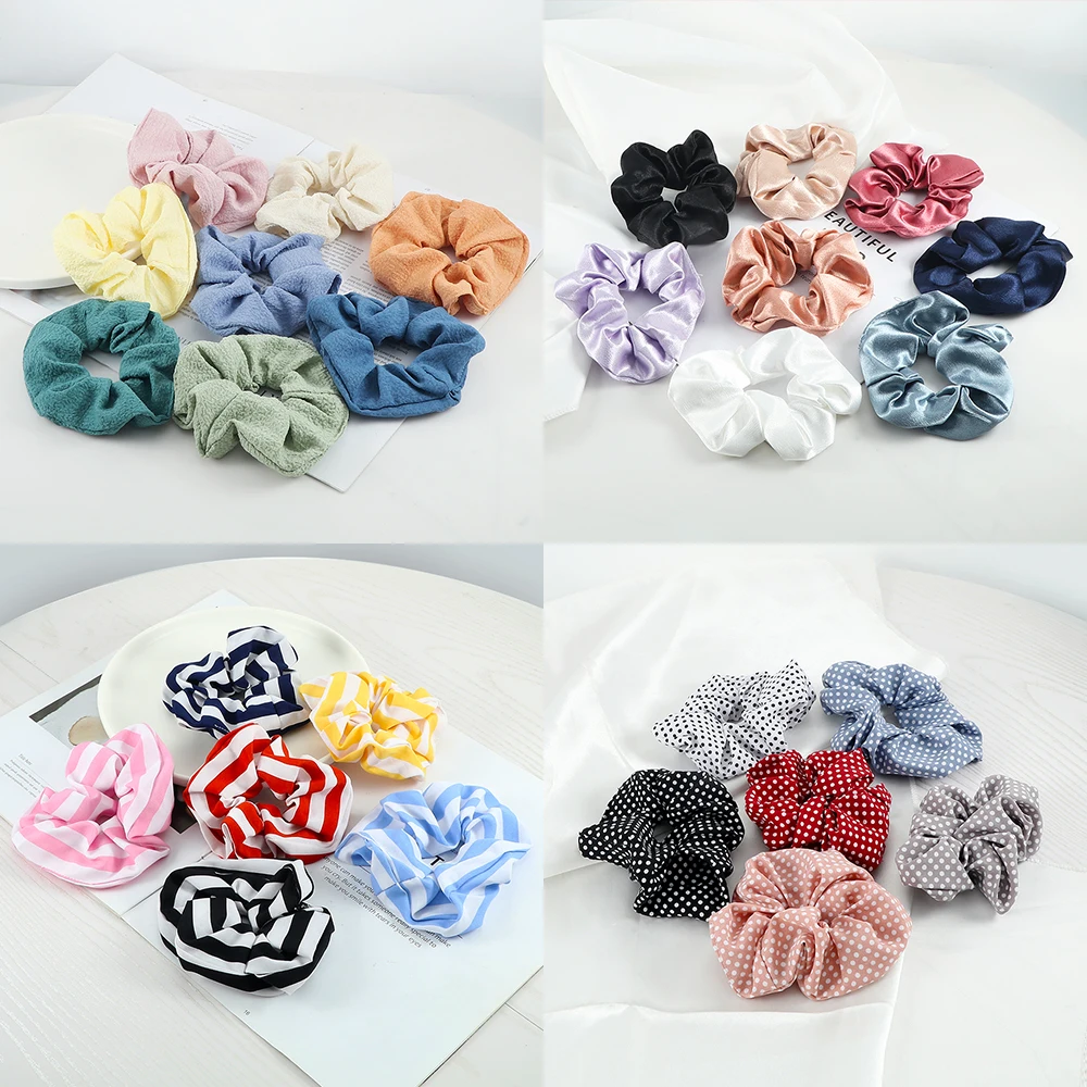 

3Pcs/Set Vintage Elastic Hair Bands Ties Scrunchies Set Headwear Fashion Plaid Solid Dot Striped Chiffon Women Hair Accessories