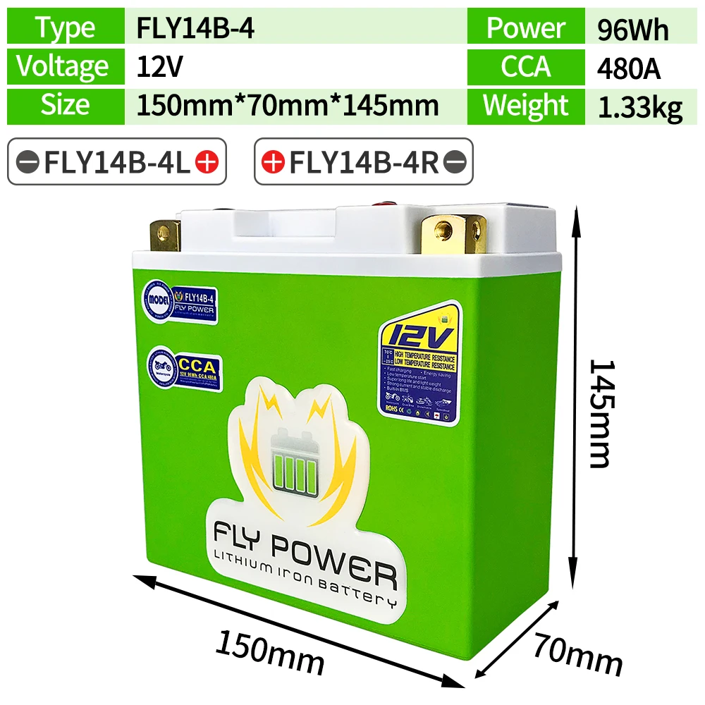 FLY14B-4 12V 96Wh CCA 480A Motorcycle LiFePO4 Start Battery BMS Lithium Scooter Batteries ATV Replaces YT14B-BS YT14B-4 UT14B-BS