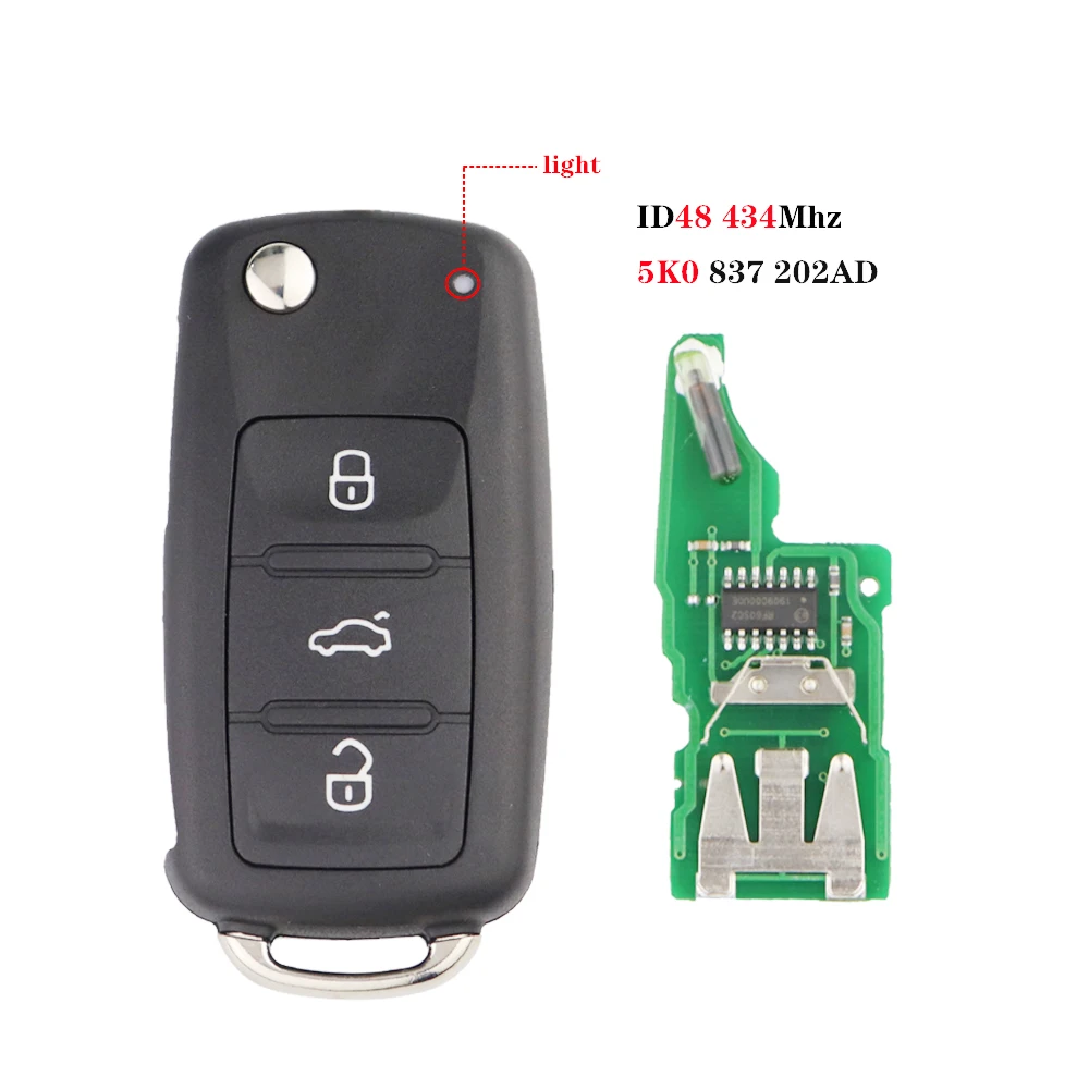 YIQIXIN 434MHz ID48 Chip Remote Car Key For Volkswagen VW Caddy Beetle Bora Golf Seat Tiguan Toledo Polo Skoda 5K0837202AD