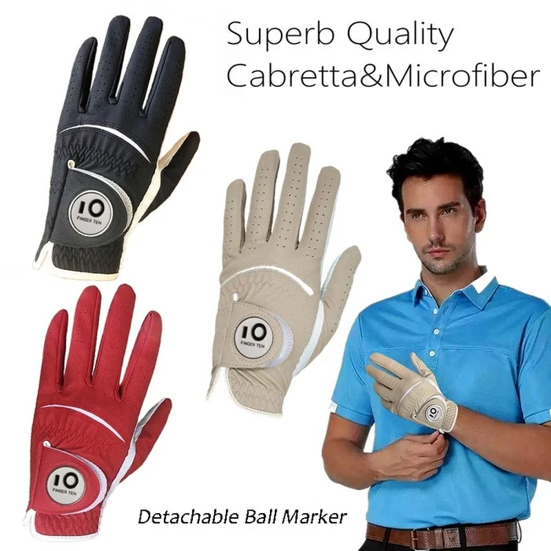 2 Pcs Soft Pu Leather Mens Golf Gloves with Ball Marker Cabretta All Weather Grip Navy Khaki Red Small Medium Large XL