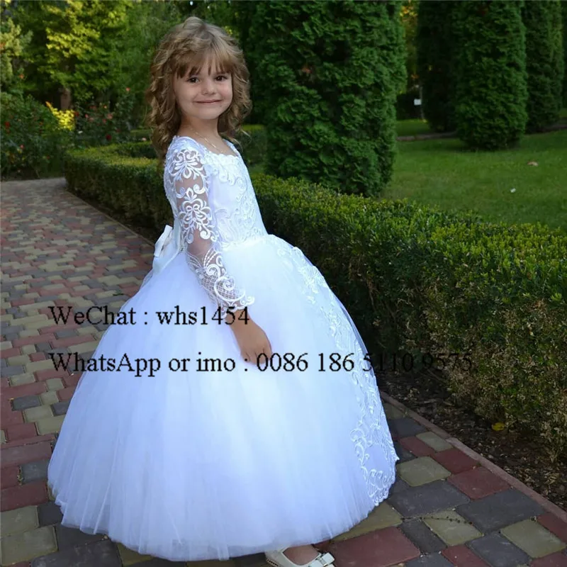 Mbcullyd White Flower Girl Dress Puffy Tulle Ball Gown Communion Dresses Long Sleeve vestidos de primera comunion 2023 With Bow