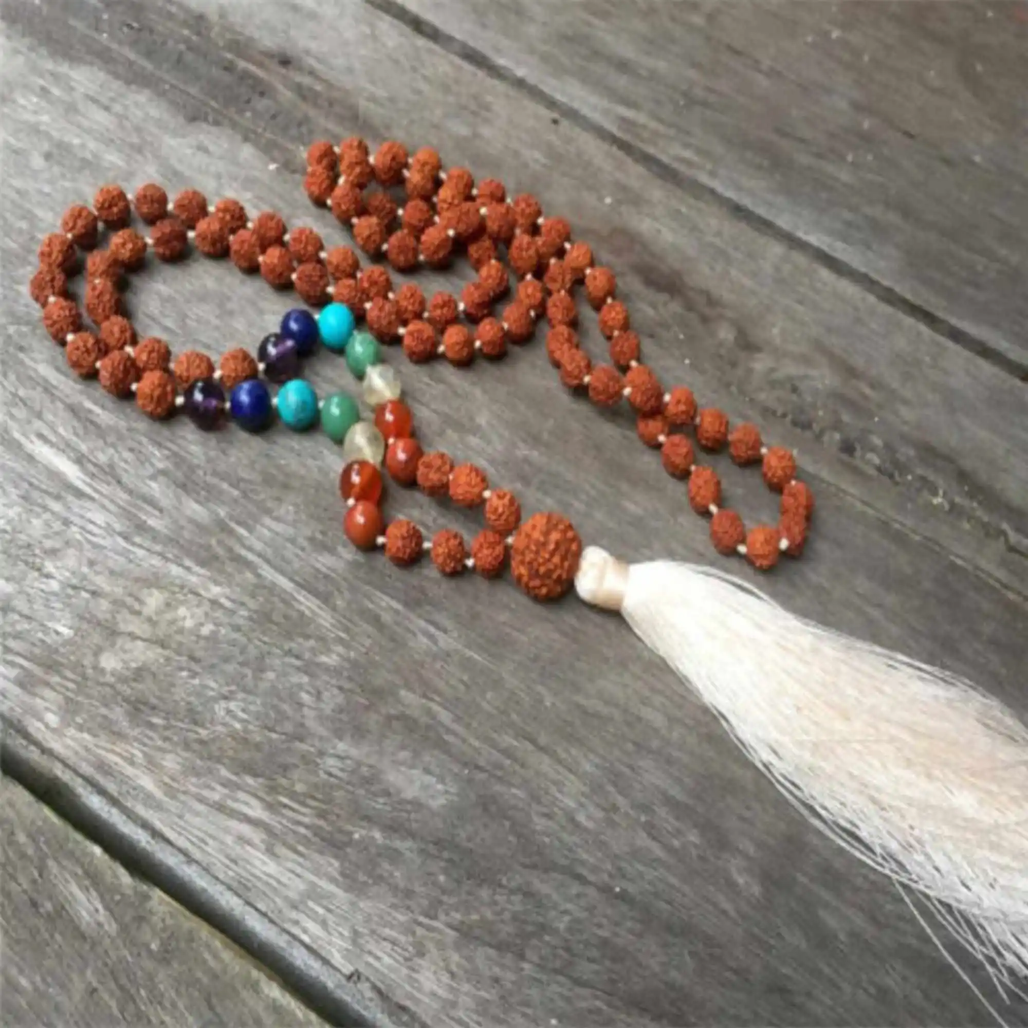 8mm Natural Rudraksha Chakras Tassels 108 Beads Necklace Spiritual GemstoneMeditation Bohemian Tranquility Yoga Mala Lariat