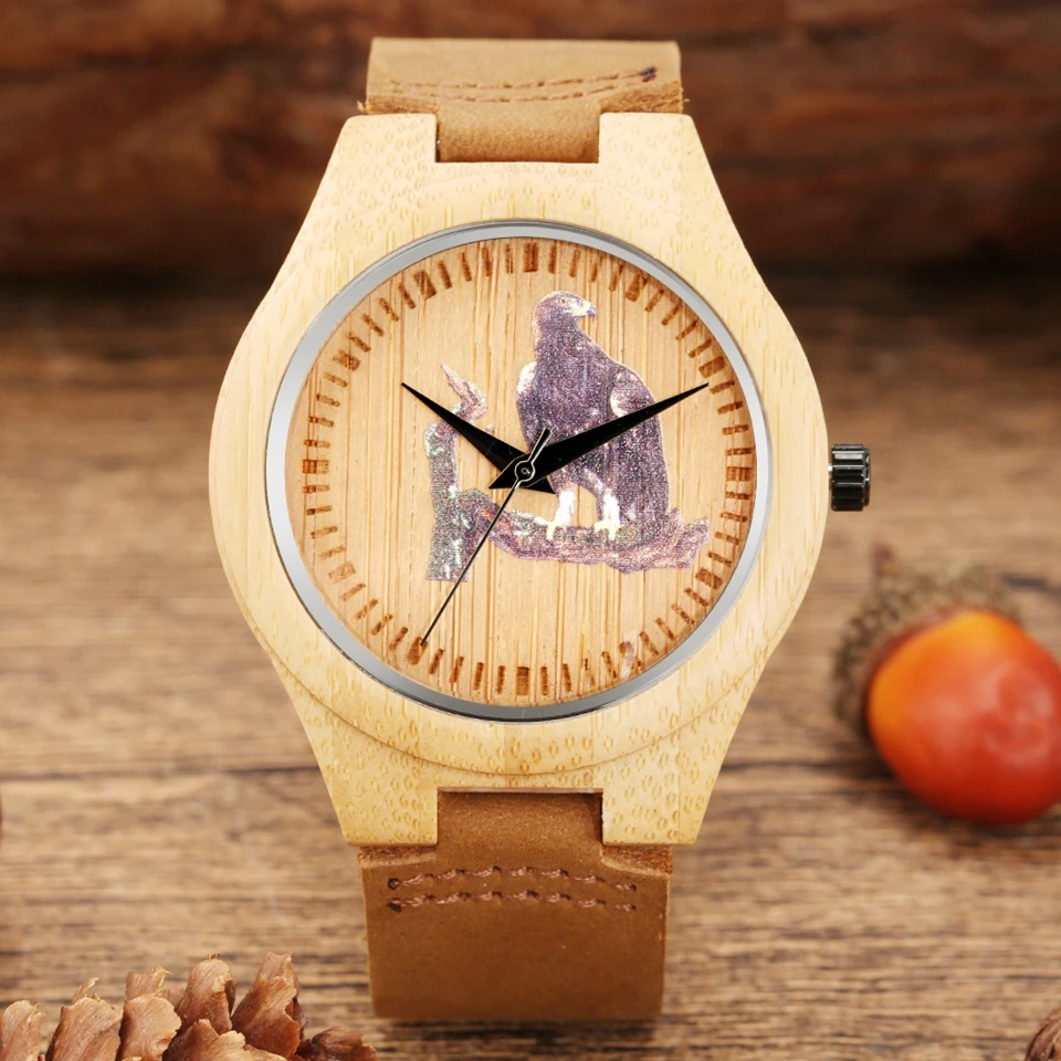 Creative Sea Eagle Pattern Dial Wooden Watch Quartz Wristwatches Male Women Leather Strap Wooden Timepieces Relogio Masculino