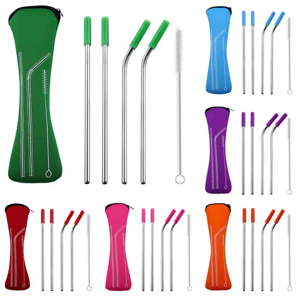 50%HOT4-Pack Reusable Silicone Tips Stainless Steel Straight Bend Smoothie Straws with Brush Rod Cocktail Straws Bar Drinking Ac