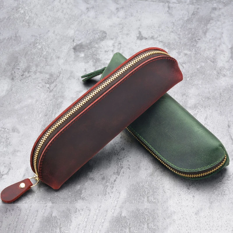 100% Genuine Leather Pencil Case Vintage Handmade Zipper Pen Bag Storage Pouch Classic Customized Souvenirs Prizes Gift Supplies