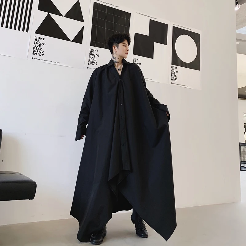 Men Long Sleeve Black White Irregular Rope Shirt Dress Male Women Streetwear Vintage Gothic Long Style Japan Kimono Robe Shirt