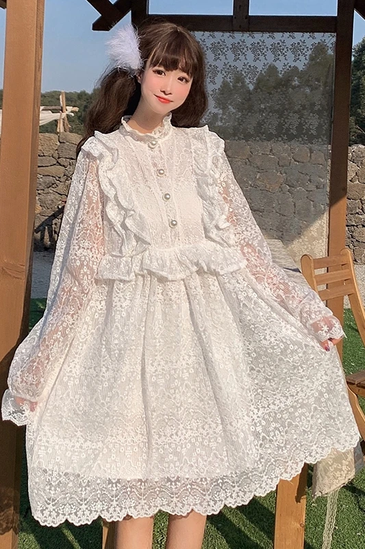 Primavera 2020 new sweet fairy hollow lace fungo manica lunga mezza lunghezza gothic lolita dress women kawaii clothing loli dress