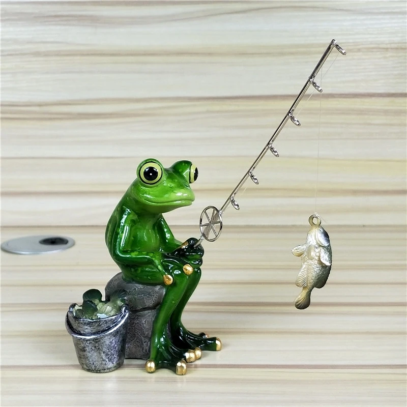 Fishing Frog Figurine Resin Frog Angler Miniature Garden Animal Outdoor Hobby Souvenir Craft Novelty Decor Ornament Accessories