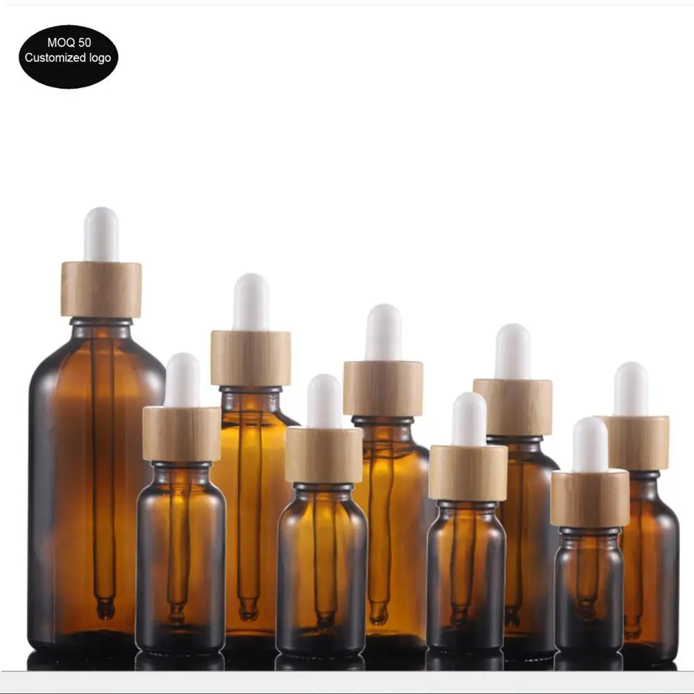 140pcs/lot 5ml 10ml 15ml 20ml 25ml 30ml 40ml 50ml 100ml amber bamboo glass dropper bottle Enssential Oil bottles for packing