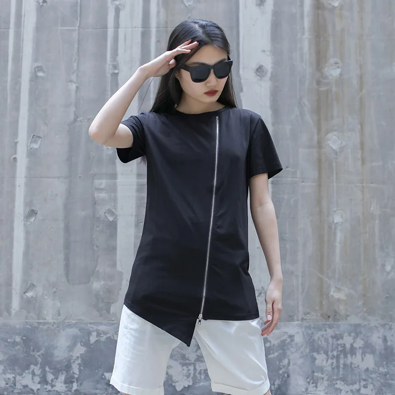 Ladies Short Sleeve Summer New Classic Black And White Zipper Stitching Design Large Size Round Neck Personality T-Shirt