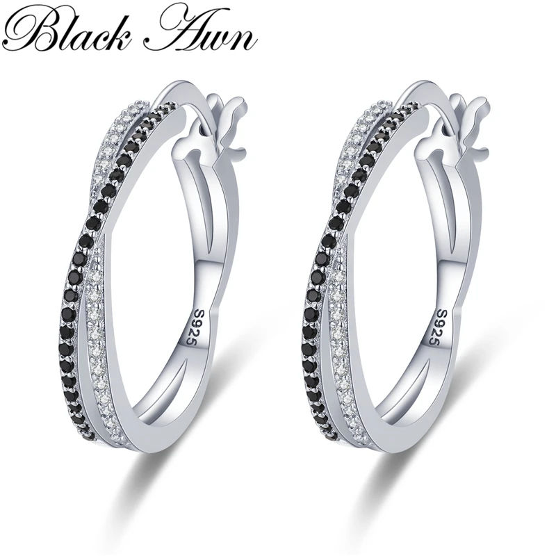 Black Awn Classic Silver Color Round Black Trendy Spinel Engagement Hoop Earrings for Women Jewelry Bijoux I209