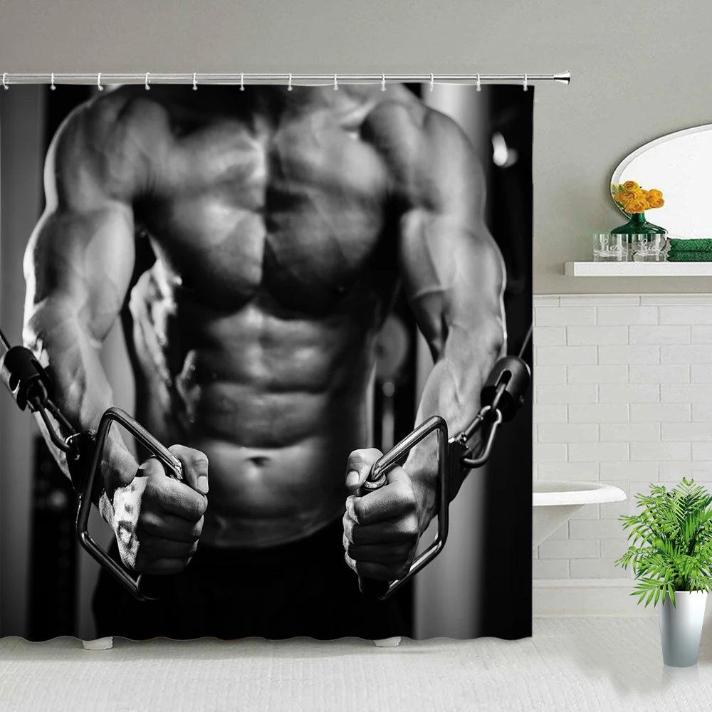 Bathtub Decor Shower Curtains Sexy Fitness Man And Woman Good Body Shape Gym 3d Printing Waterproof Fabric Bathroom Curtain Set