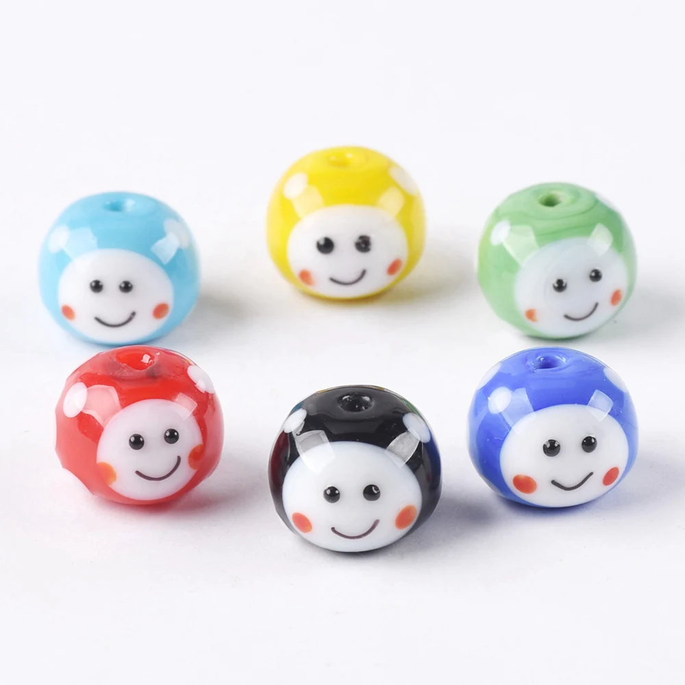 2pcs 14x11mm Round Smile Face Dots Handmade Lampwork Glass Loose Beads for Jewelry Making DIY Crafts Findings