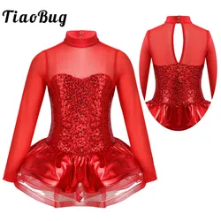 TiaoBug Kids Sequins Long Sleeves Gymnastics Leotards for Girls Ballet Tutu Dress Figure Skating Stage Performance Dance Costume