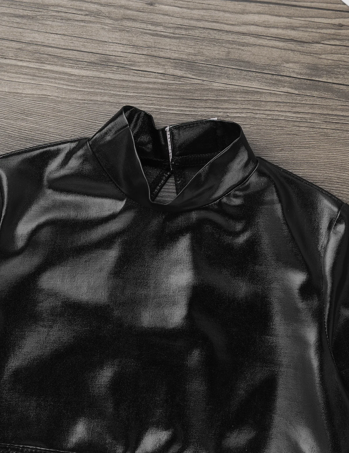 เด็กหญิง Dancewear Mock คอเต่า Crop Top METALLIC เงาแขนยาวเสื้อยืดเต้นรํา STAGE เครื่องแต่งกาย