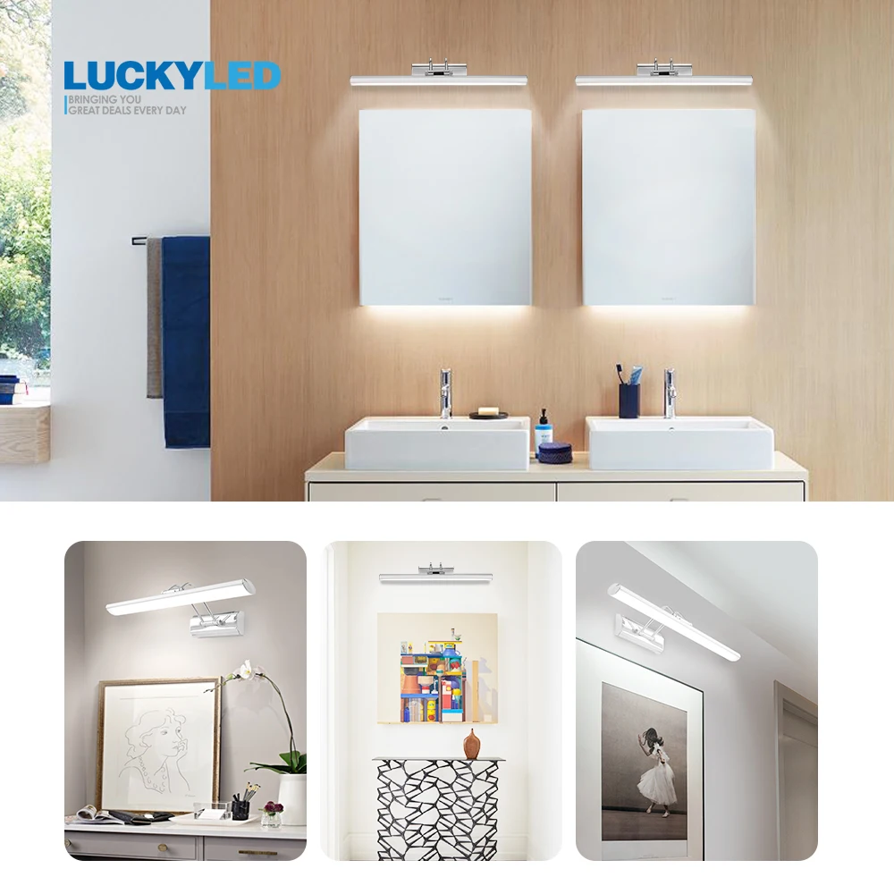 LUCKYLED Led Mirror Light Wall Lamp Bathroom 12W 42cm AC220V 110V Waterproof Wall Mounted Stainless Steel Vanity Light Fixtures
