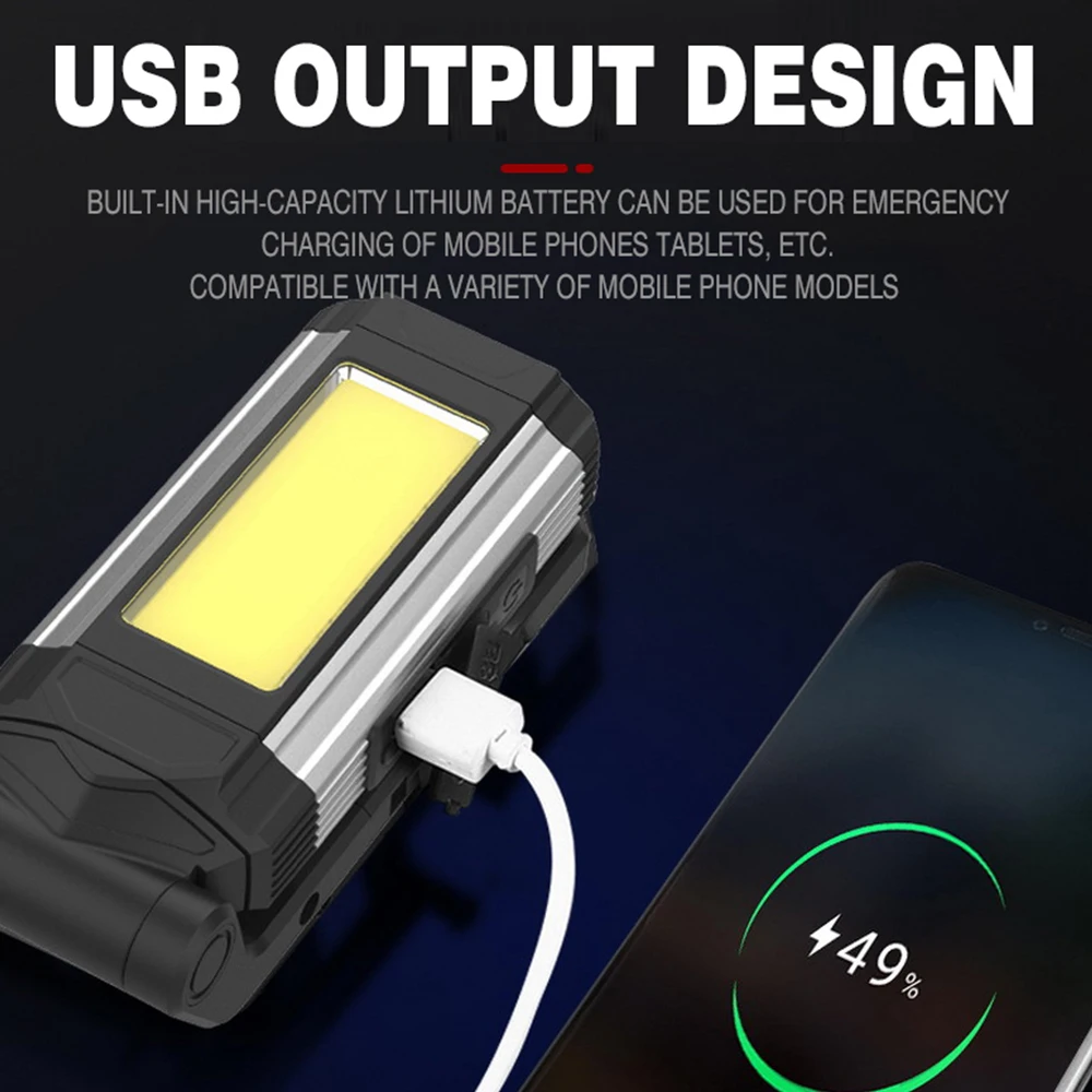 USB Rechargeable COB Work Light Super Bright LED Flashlight Portable Camping Lamp with Tail Magnet Waterproof Adjustable Lantern