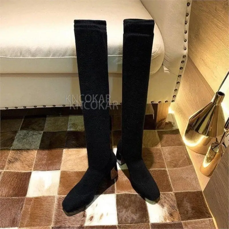 2021 new long tube knitted wool over the knee elastic stockings boots round head thin high-heeled thin boots