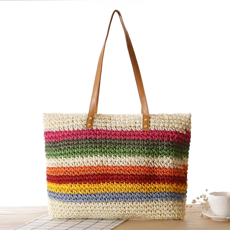 Sac de plage en paille à une épaule pour femme, sacoche décontractée de Style naturel, rayée, couleurs arc-en-ciel, 50x30CM, nouvelle collection, a7253