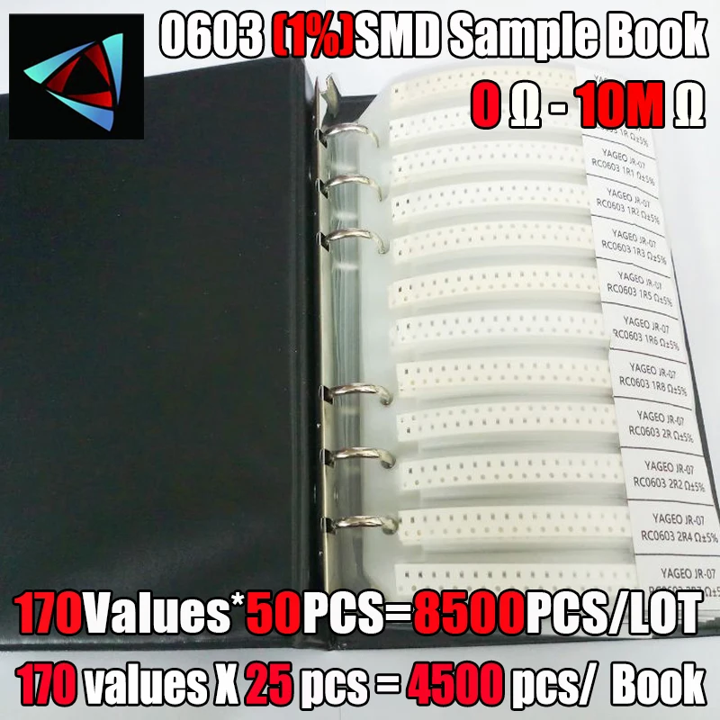 4250/8500 sztuk/partia RC0603 FR-07 0603 1% SMD rezystor próbki książka 0R ~ 10M tolerancja 170 wartości 25 sztuk 4250 sztuk zestaw rezystorów