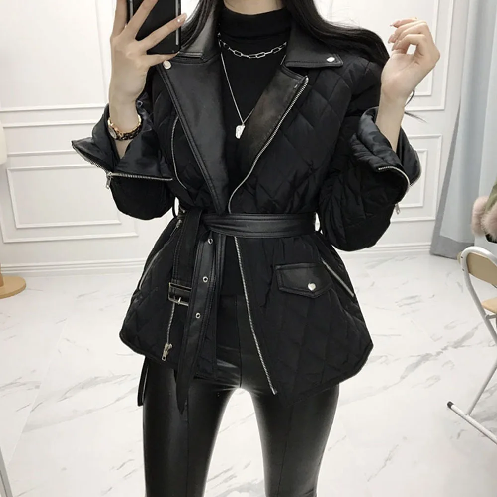 Women Mid-length Slim Warm Winter Jacket New PU Leather Splicing Jackets Korean Style Fashion Diamond Lattice Down Padded Jacket