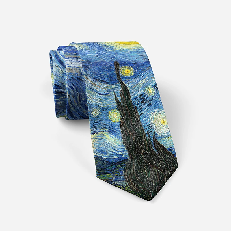 3D Printed 8cm Wide Men's Tie Van Gogh Oil Painting Starry Moon Night Fun Tie Casual Party Wedding Suit  Dress Neck Tie For Men