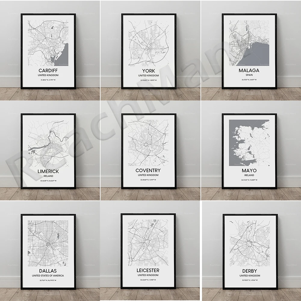 Map poster, Malaga, York City, Portsmouth cities, Luton map print, map wall art Luton Town map poster black and white travel pri