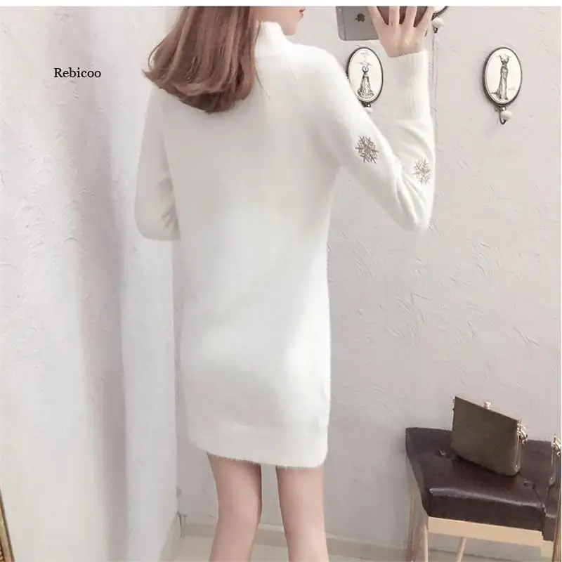 Women Knit Sweater Pullover New Fashion Lmitation Mink Cashmere White Dress Winter Half Turtleneck Sweater Jumper Vestidos