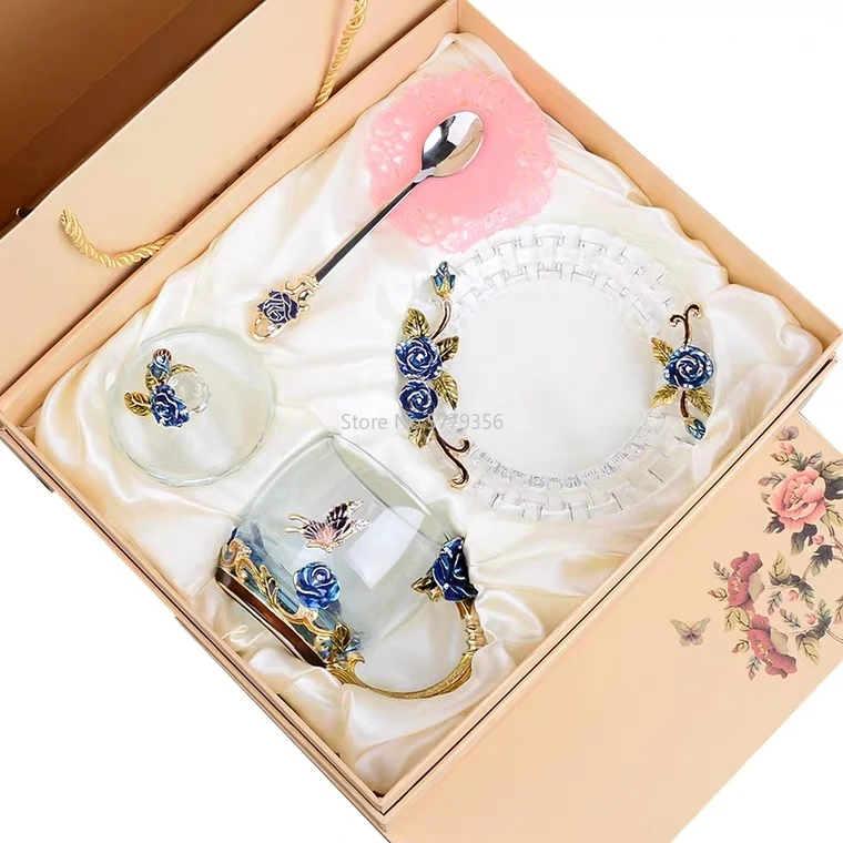 Hand-made Enamel Crystal Cup Glass Coffee Mug Gift Box Tea Cup and Mugs High-grade Glass Cup Couple Mug Lover Wedding Gift