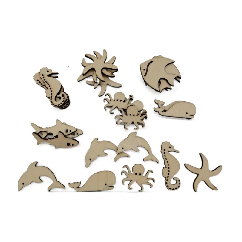 30pcs Unfinished Wood Sea Animal Shaped Crafts Blanks Wood Cutouts Natural Wood Pieces for DIY Crafting Ornament Decorations