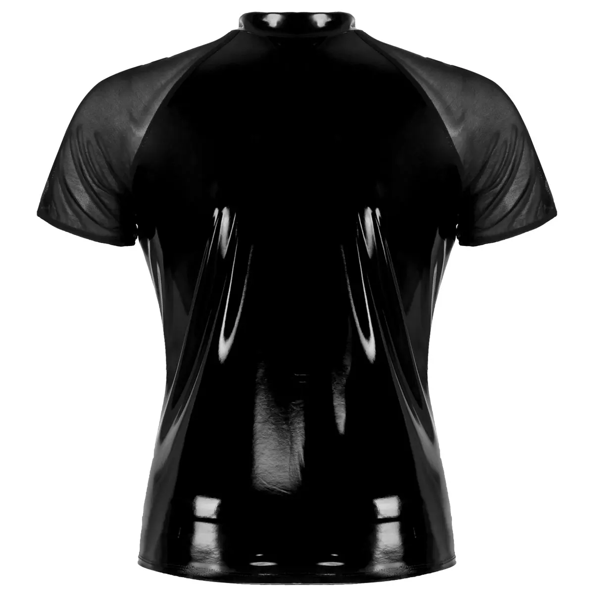 Men Shiny Shirt Wetlook Patent Leather Short Sleeves Summer Sexy T-shirt Sheer Mesh Zipper T-Shirts Tops Clubwear Casual Clothes