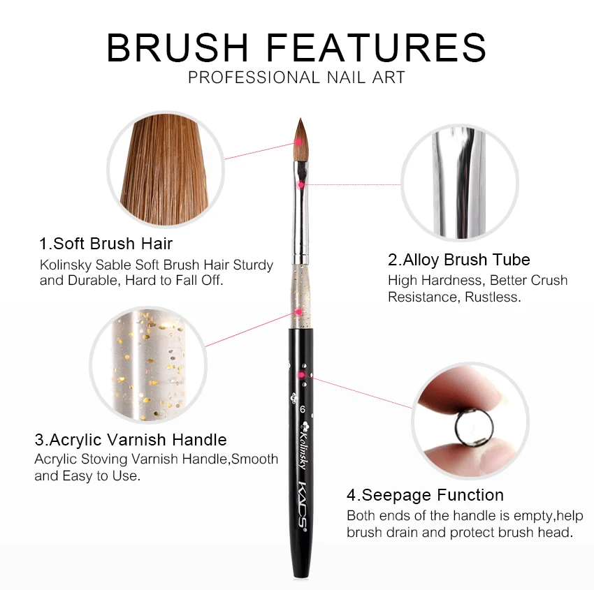 KADS Pędzel do akrylu Kolinsky Sable Pędzel do akrylu nr. 2 # /4 # /6 # /8 # /10 #   Żel UV do rzeźbienia w kształcie długopisu Pędzel w płynnym proszku DIY Rysowanie paznokci