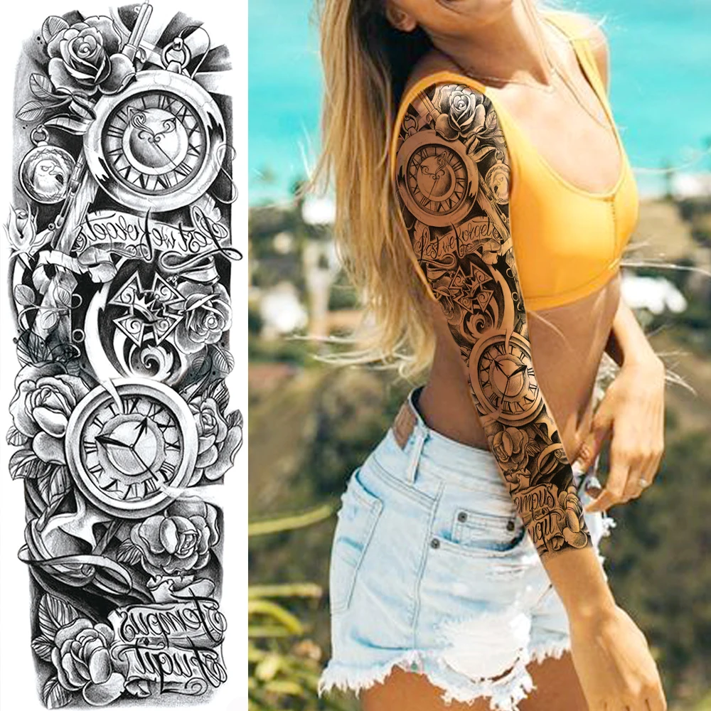 Tatouages à manches temporaires pour hommes, totem maori militaire noir, faux bras complet réaliste, crâne de dragon 3D, loup, robot de discussion, pâte de tatouages