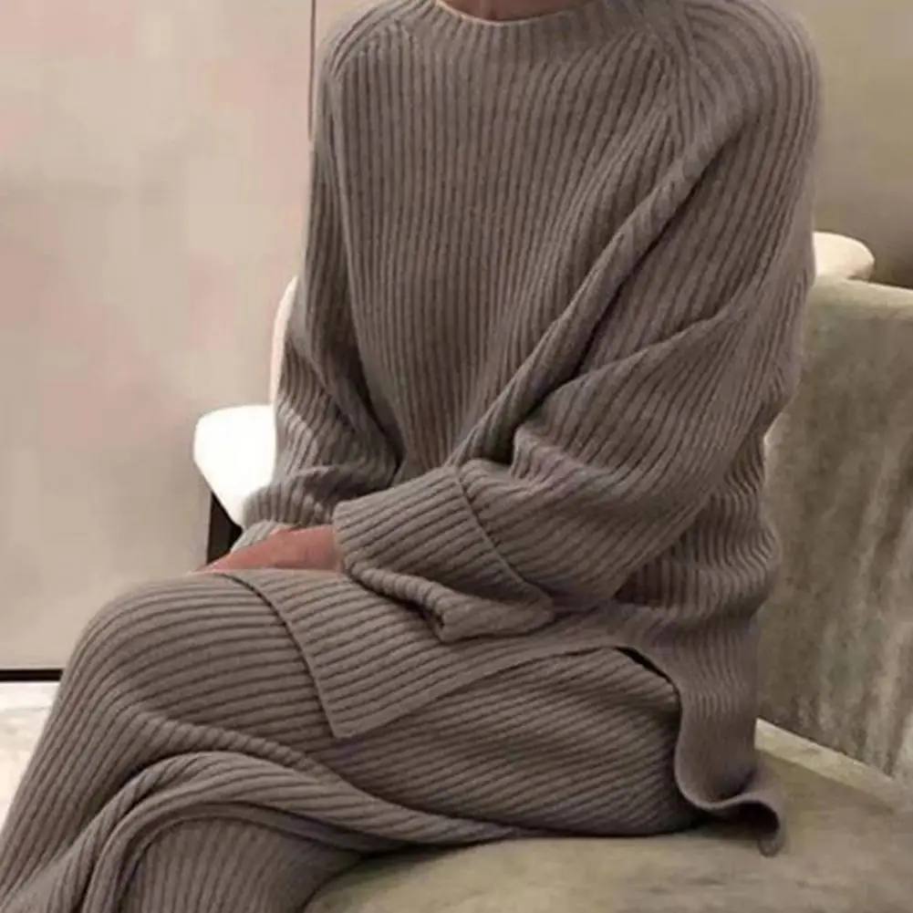 

1 Set tracksuit women Pullover Pants Solid Color Wide Leg Winter Crew Neck Knitting Outfit ensemble jogging femme chandals mujer