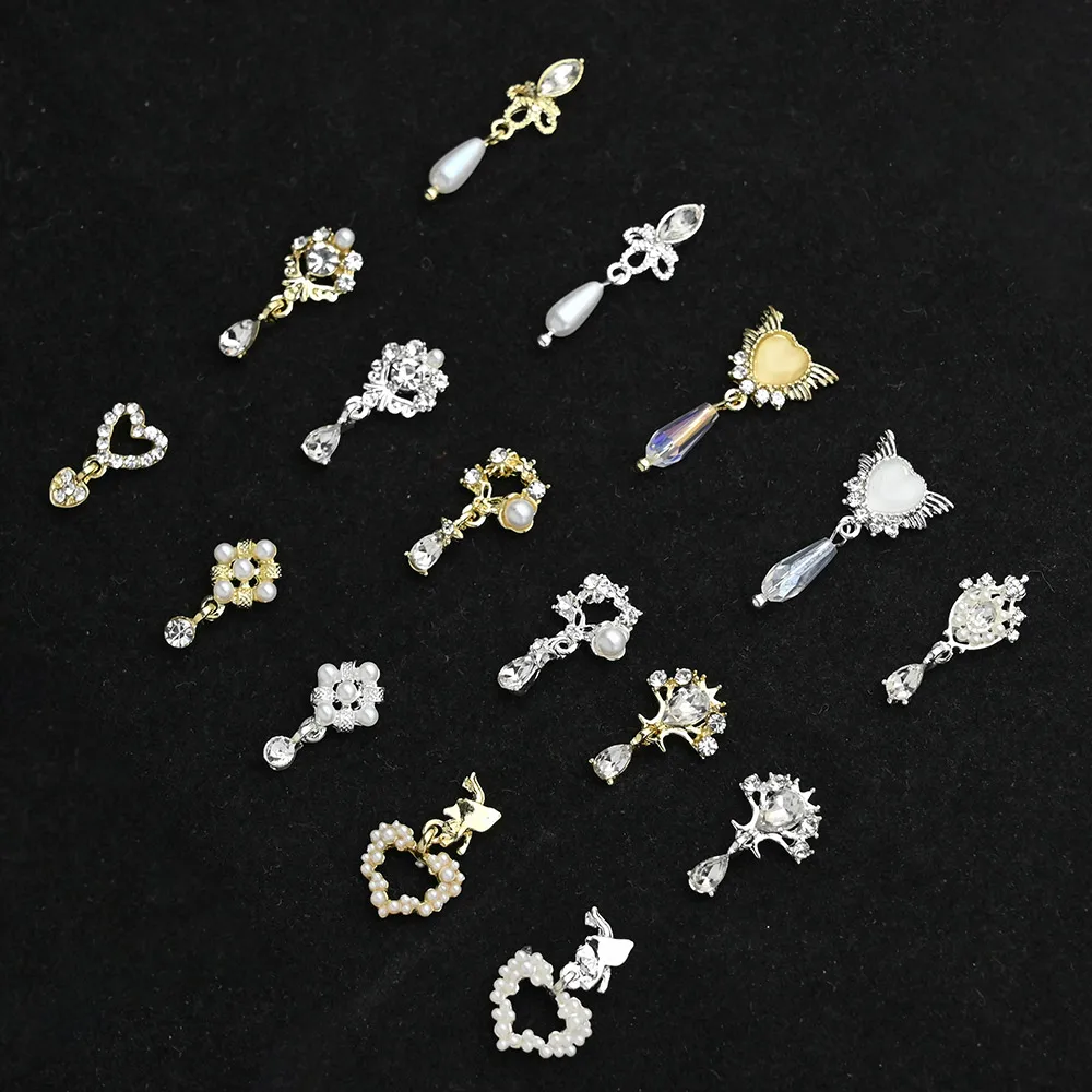 10Pcs 3D Dangle Nail Charms,Nail Jewelry Rhinestones/Heart Pearl Crystal Gems Decorations, Mixed Shape Metal Luxury Nail Alloy#