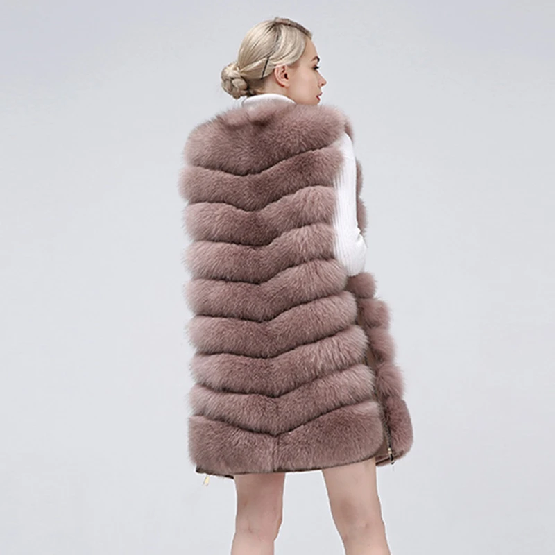 Natural Women\'s Fox Fur Coat Vest New Zipper Long Coat Winter Warm Coat Natural Fur True Fox Vest Jacket Free Shipping