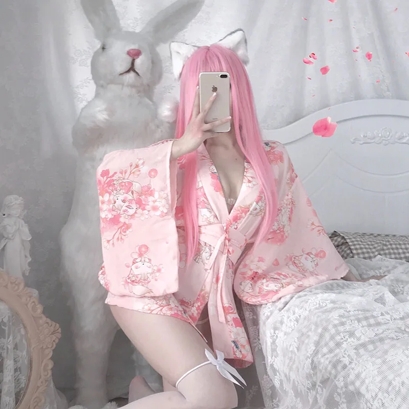 Sexy Japanese Pink Kawaii Kimono Cosplay Lingerie Outfit Traditional Style Robe Temptation Costumes Pajamas Belt Set For Women