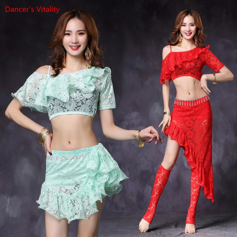 Women 2-Piece sexy Belly Dance Costume Lace Top + Short Skirt Belly Dancer Performance Practice costume