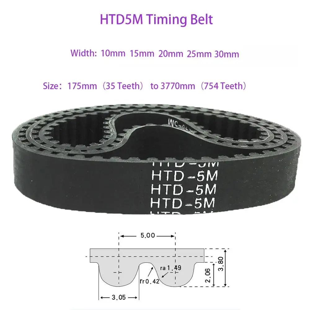 1Pcs Perimeter 1200mm-1290mm 5M Black Neoprene Closed Loop Timing Belt Width 10mm-25mm Teeth 240-258 For CNC Machine/Step Motor