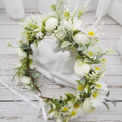 Daisy Camellia Bud Flower Crown Wreath Girls Headband Wedding Hair Accessories Headdress Women Floral Garland Bridal Headwear