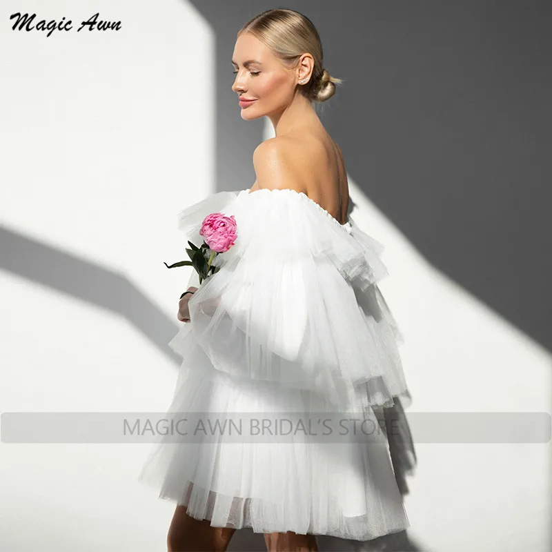 Magie Granne Weiß Kurze Brautkleider Boho Weg Von Der Schulter Tiered Puffy Strand Hochzeit Party Kleider Einfache Braut Kleid Für frauen