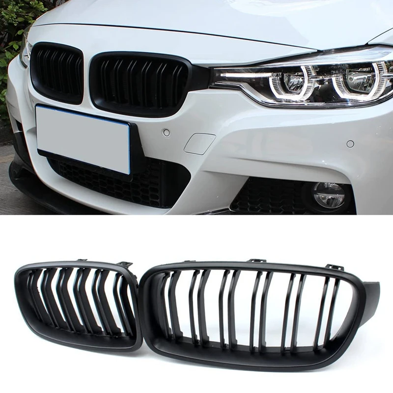 F30 Grill, przednia maska kratka nerkowa do BMW serii 3 F30 F31 F35 2012-2018 (podwójna listwa matowy czarny Grill, zestaw 2-Pc)