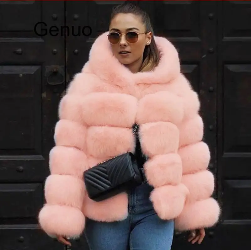 Women Faux Fur Hoodie Thick Coat Faux Sheep Fur Fox Fur Coat Warm Long Sleeve  Jacket Hooded Fur Overcoat 2020 New