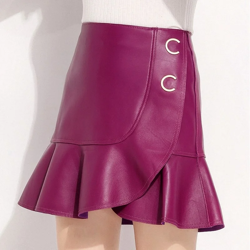 

Style Korean High Quality New Womens Genuine Leather Fashion High Waist Skirt Sheepskin Ruffle Above Knee A-Line Elegant Skirt