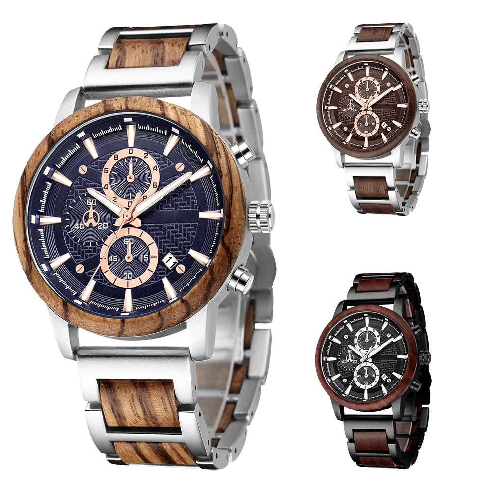 Relogio Masculino นาฬิกาสุดหรูผู้ชายนาฬิกาไม้ Chronograph นาฬิกาข้อมือควอตซ์นาฬิกาเหล็กที่กำหนดเอง Dial คริสต์มาสของขวัญ